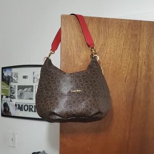 Calvin Klein Brown Signature Hobo with Red Shoulder Strap
